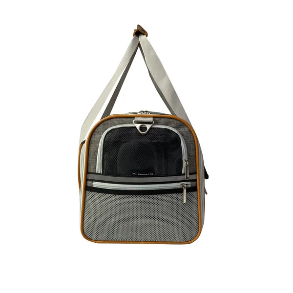 Pet carrier with a mesh front panel on a white background