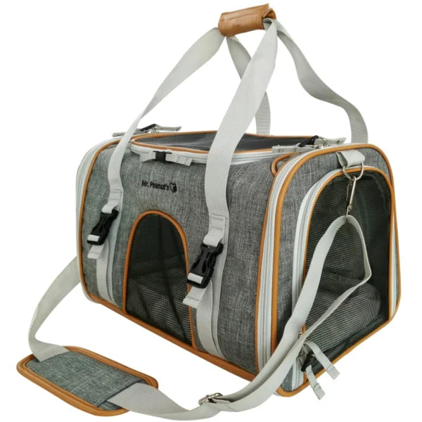 Pet carrier with gray and brown design on a white background