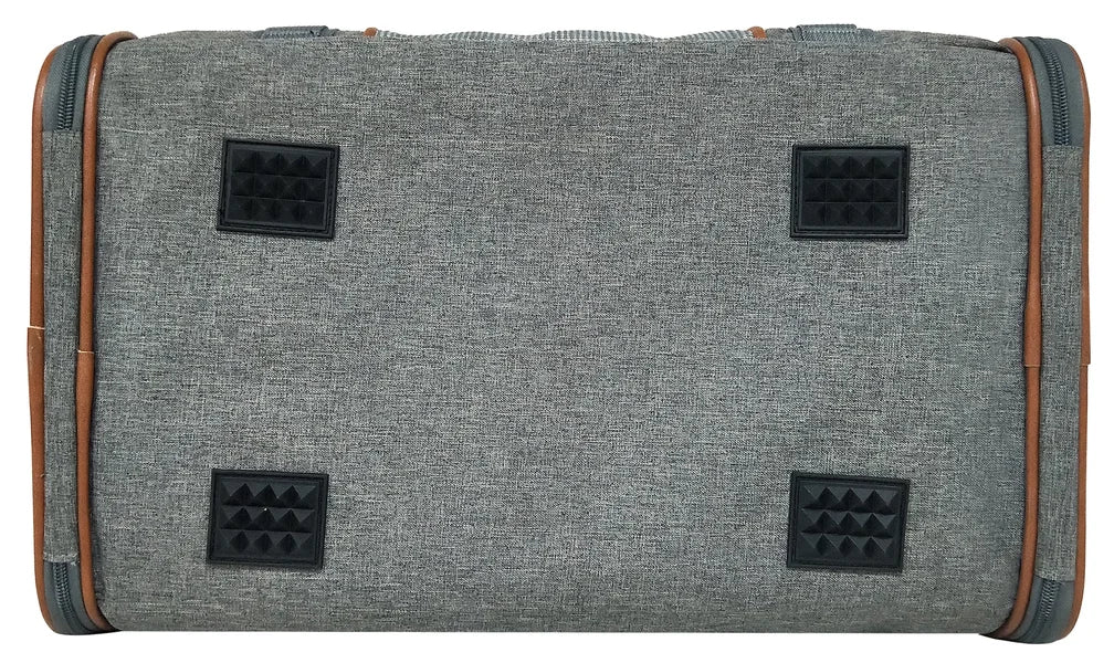 Gray textured bag with black accents on a white background