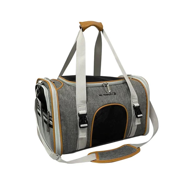Gray pet carrier with brown accents on a white background