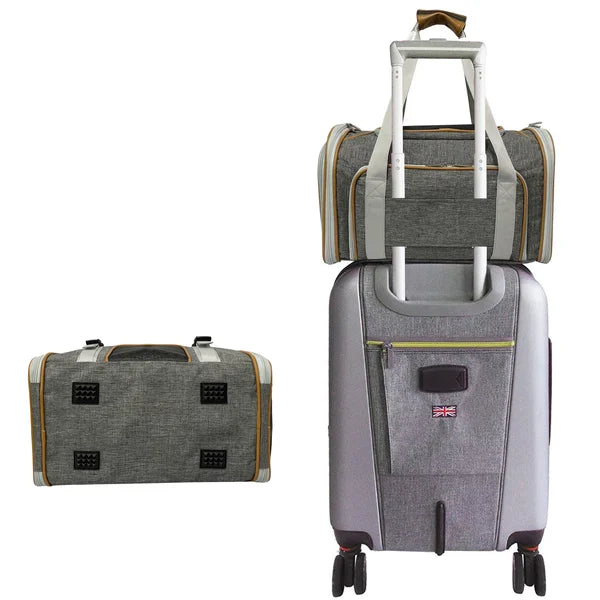 Set of gray suitcases with wheels and handles on a white background