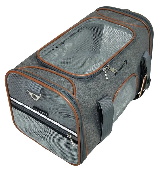 Gray pet carrier with brown accents on a white background