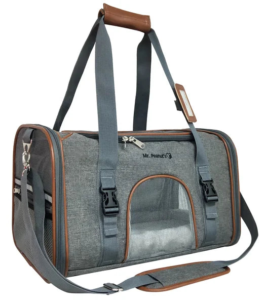 Gray pet carrier with brown accents on a white background