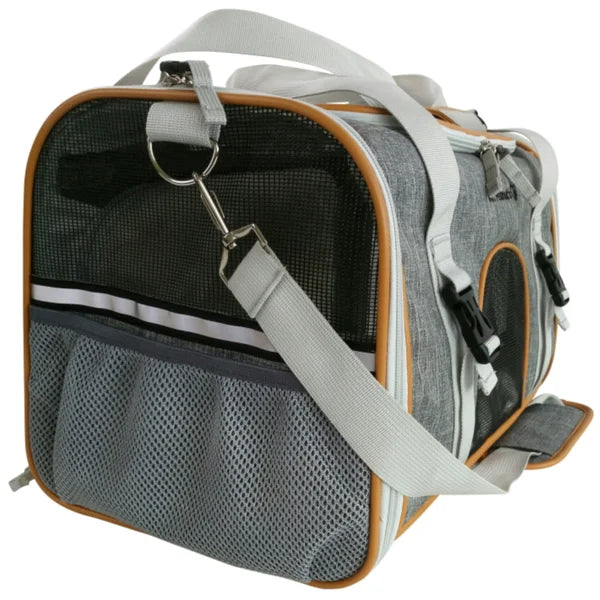 Gray pet carrier with a shoulder strap on a white background