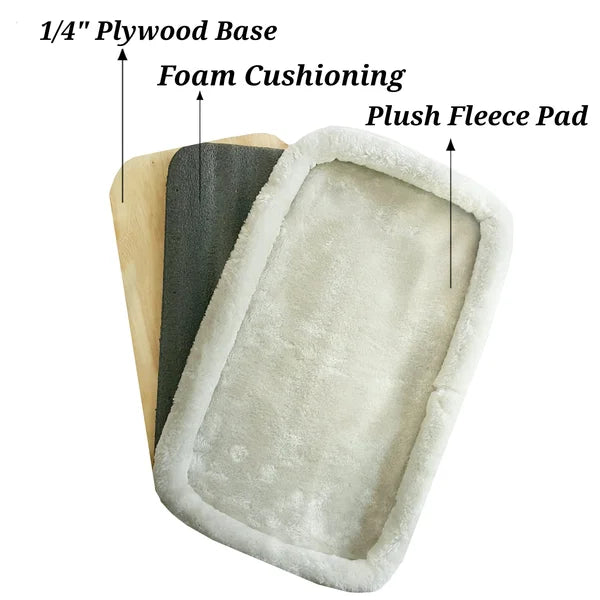 Diagram showing layers of a pet bed with plywood, foam cushioning, and plush fleece pad.
