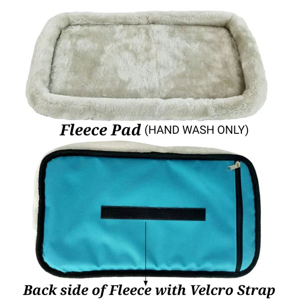 Gray fleece pad with a blue pouch showing a velcro strap on a white background