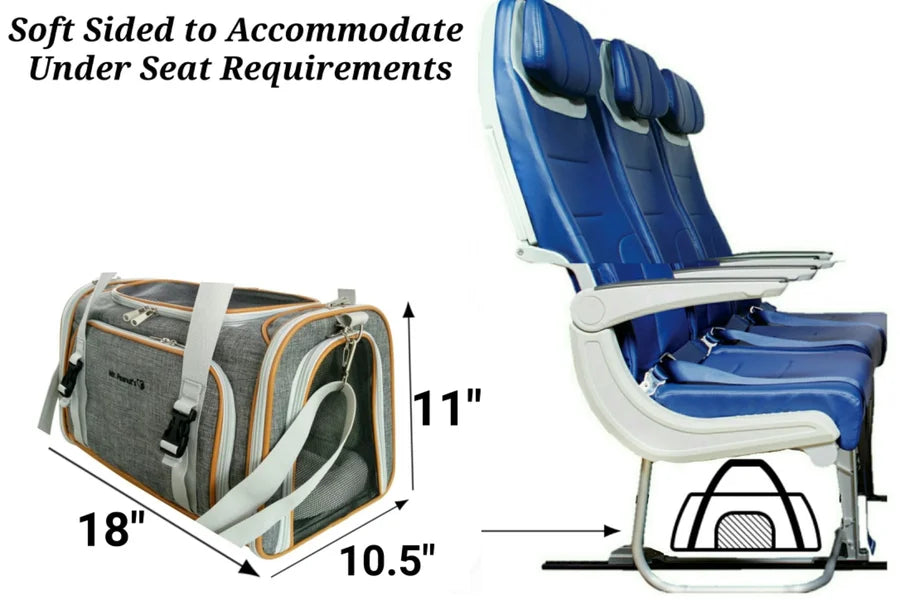 Blue soft-sided pet carrier shown next to an airplane seat with dimensions displayed.