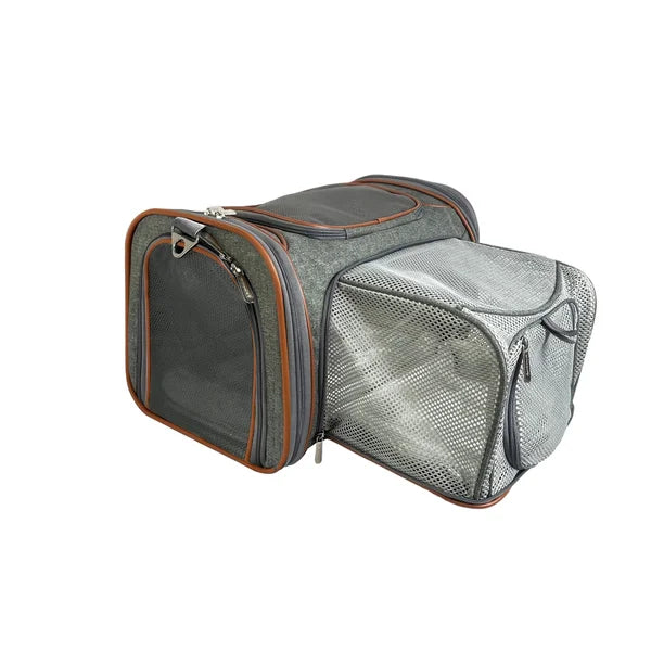 Pet carrier with mesh side on a white background