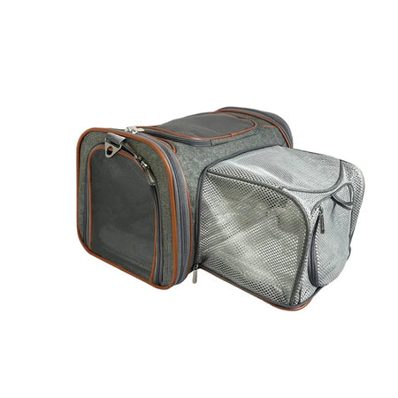 Pet carrier with mesh side on a white background