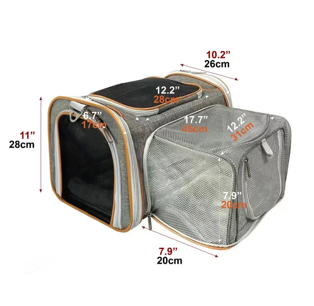 Pet carrier with dimensions marked on a white background