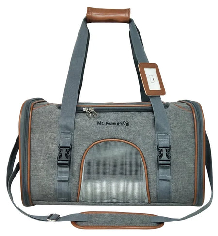 Gray pet carrier with brown accents and a visible brand logo on a white background