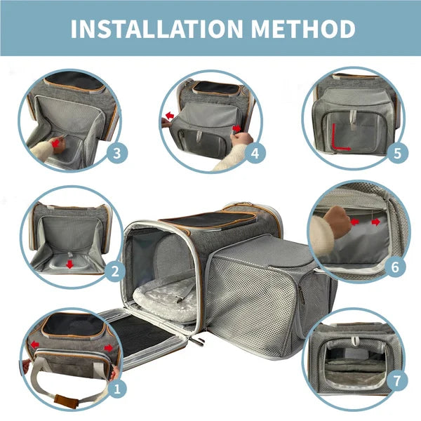 Step-by-step installation guide for a pet carrier with close-up views.