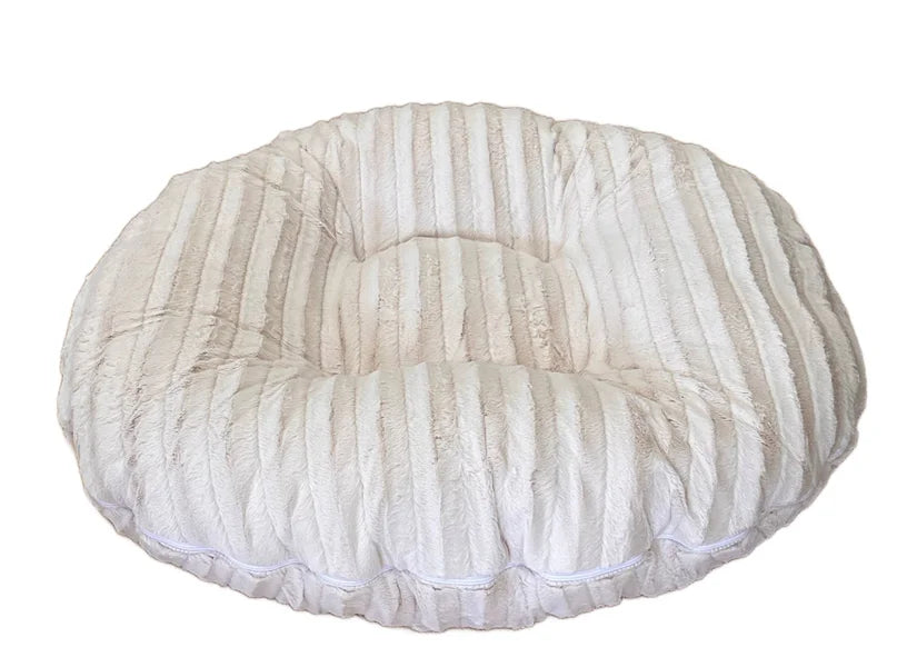 Round pet bed with striped pattern on a white background