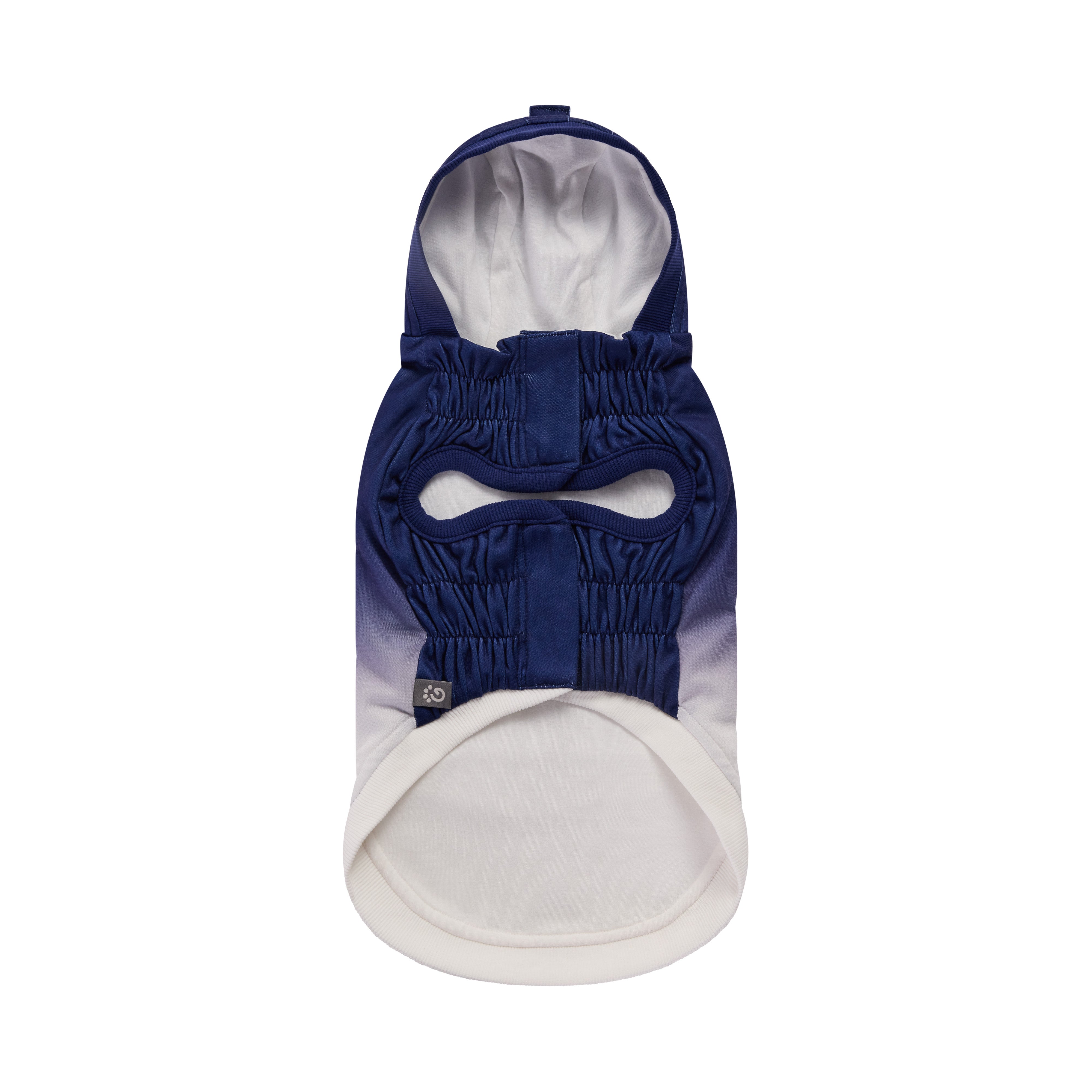 Navy blue dog hood with white interior on a white background