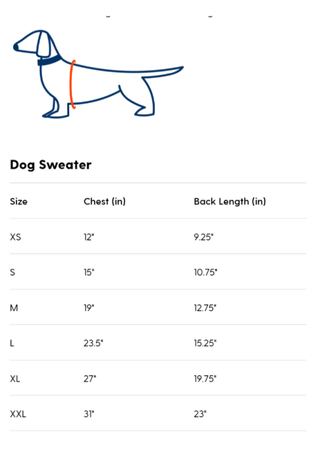 Dog sweater size chart with measurements for chest and back length.