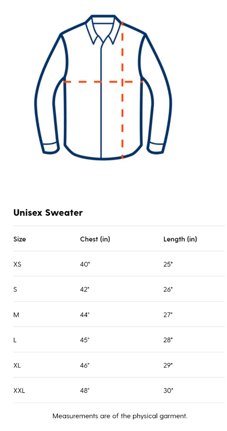Unisex sweater size chart with measurements on a white background
