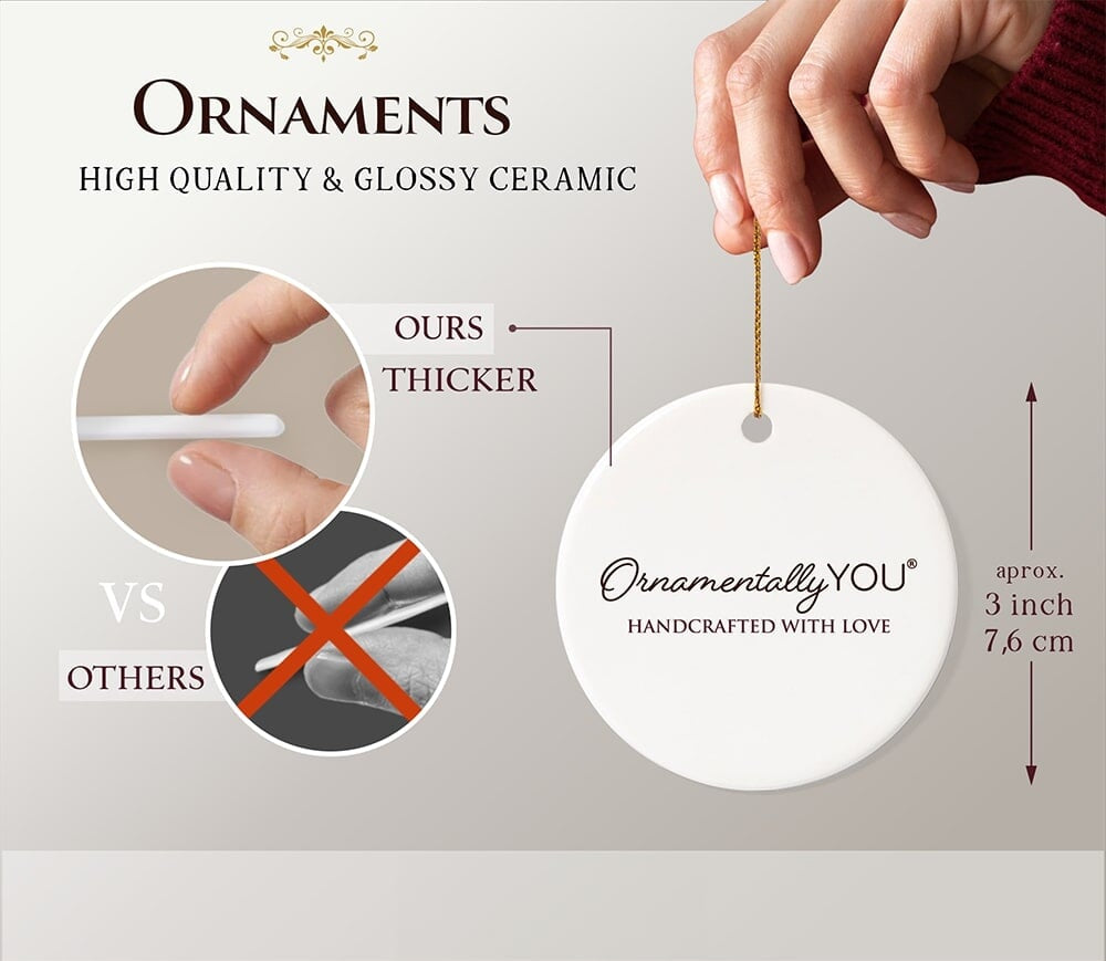 Ceramic ornament with 'Ornamentally YOU' branding, showing thickness comparison, and featuring NBC, CBS, and ABC logos.