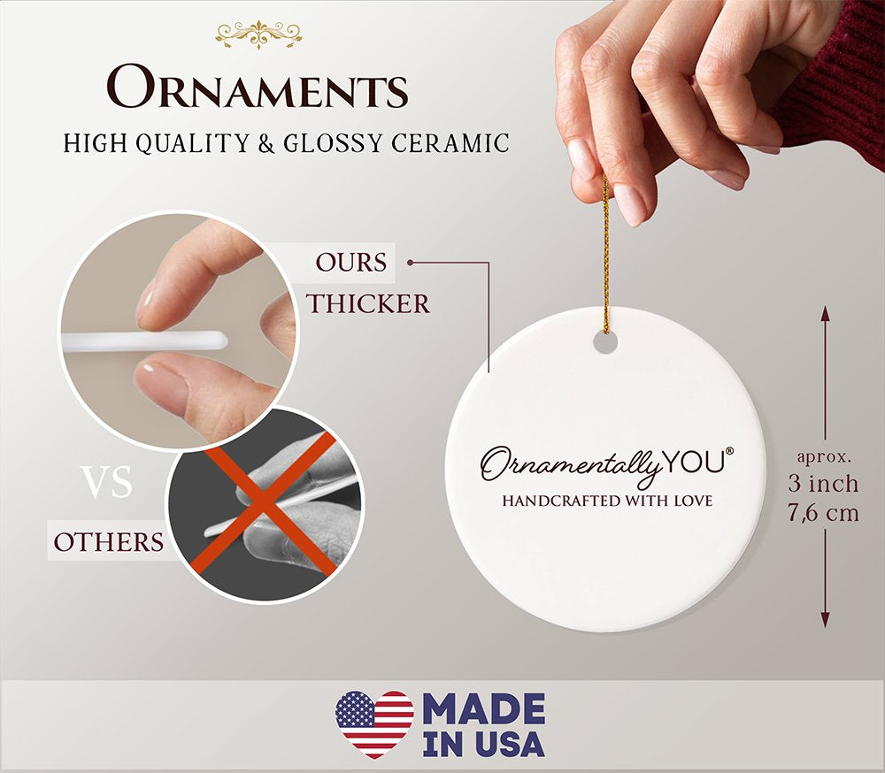 Ceramic ornament with 'Ornamentally YOU' branding, handcrafted with love, made in USA.