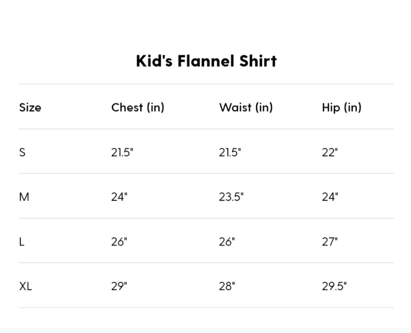 Size chart for kids' flannel shirts with measurements in inches.