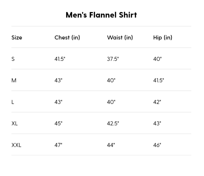 Size chart for men's flannel shirts with chest, waist, and hip measurements.