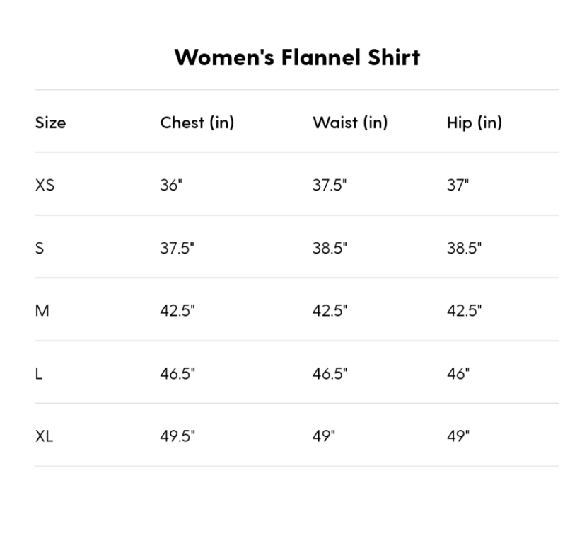 Measurement chart for women's flannel shirts with size chart