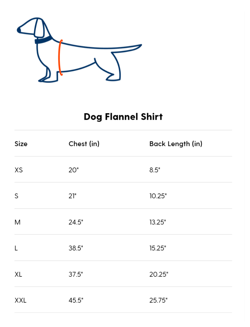 Dog flannel shirt size chart with measurements for chest and back length.
