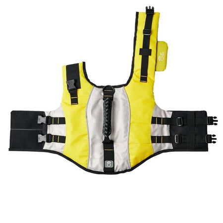 Yellow life vest with black straps on a white background