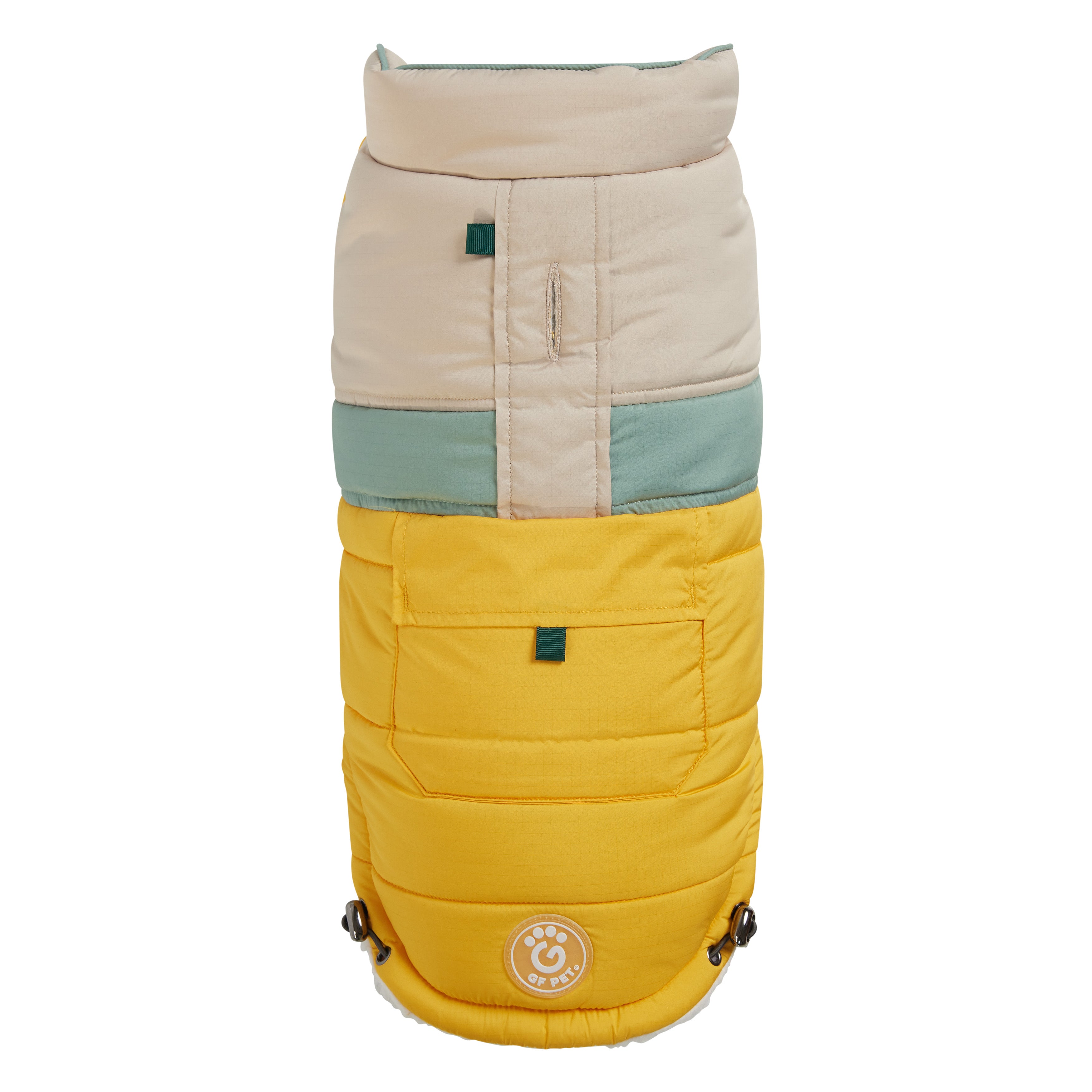 Padded dog coat with beige, green, and yellow sections on a white background