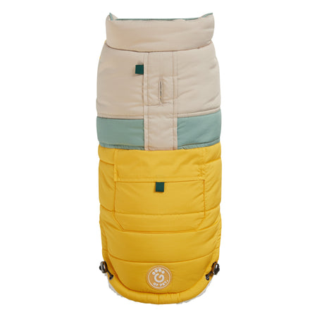 Padded dog coat with beige, green, and yellow sections on a white background
