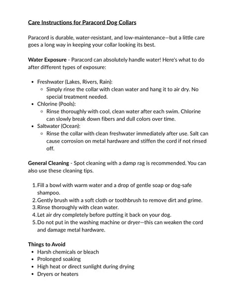 Care instructions for Paracord dog collars on a white background