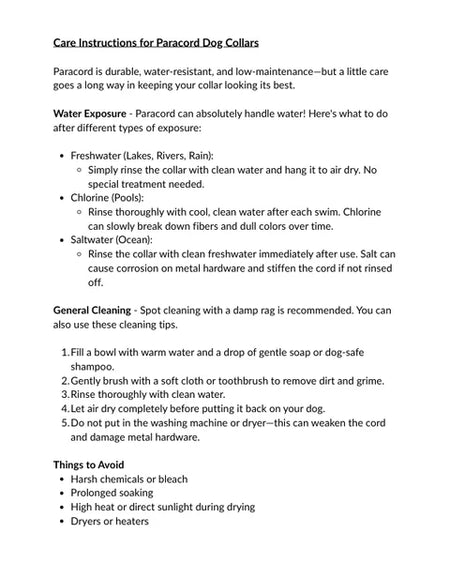 Care instructions for Paracord dog collars on a white background