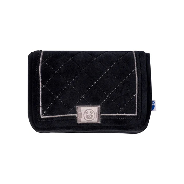 Black quilted wallet with a brand logo on a white background