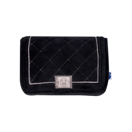 Black quilted wallet with a brand logo on a white background