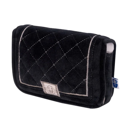 Black quilted pouch with a brand logo on a white background