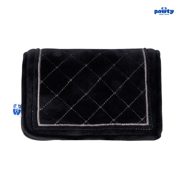 Black quilted pouch with a brand logo on a white background