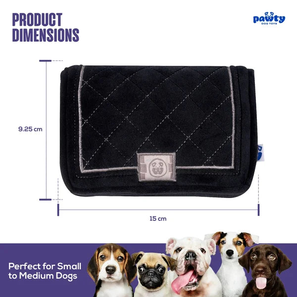 Black quilted dog bag with dimensions and a pawty logo, featuring small to medium dogs below.