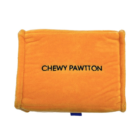 Orange pouch with 'CHEWY PAWTTON' text on a white background