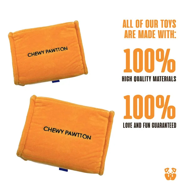 Two orange toys with 'Chewy Pawton' branding on a white background, featuring text about material quality and guarantee.