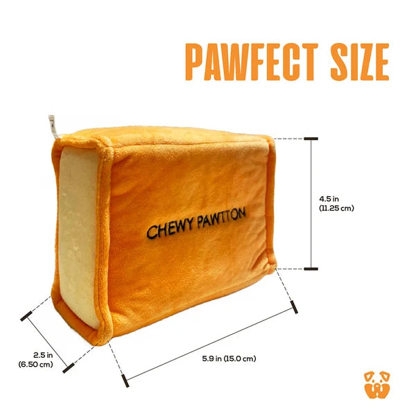 Orange pet product with dimensions and 'Chewy Pawton' branding on a white background