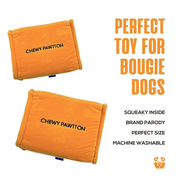 Two orange toys with 'Chewy Pawton' branding on a white background, labeled as a perfect toy for bougie dogs.