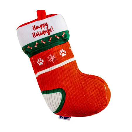 Red Christmas stocking with white text and green accents on a white background