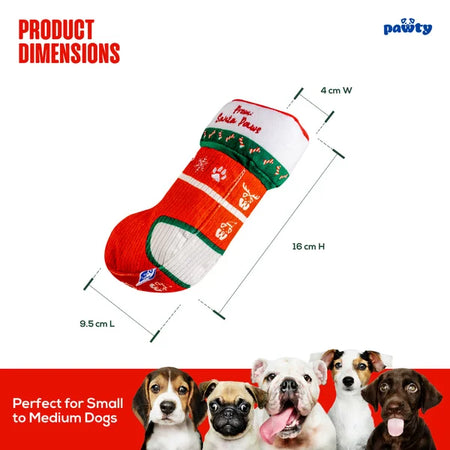 Product dimensions of a dog Christmas stocking with measurements and a red background featuring dogs.