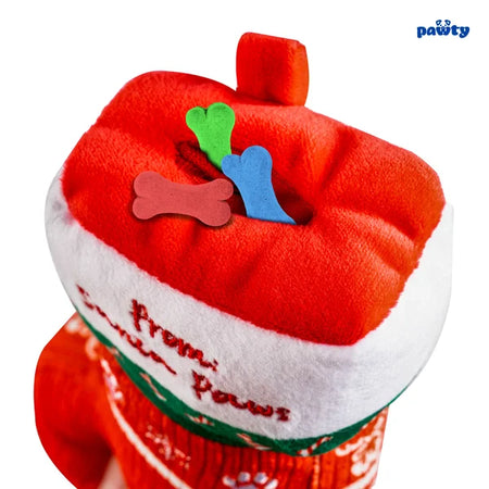 Red plush dog toy shaped like a paw with bones and text on a white background