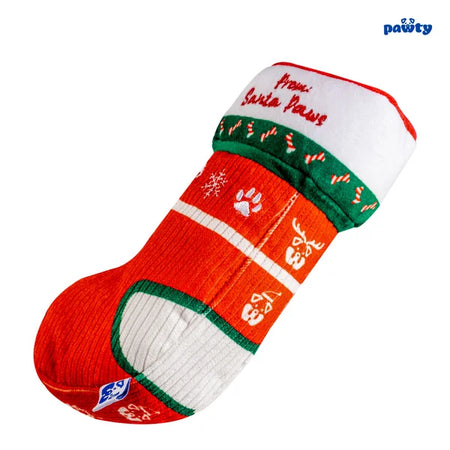 Red dog Christmas stocking with paw prints and festive text on a white background