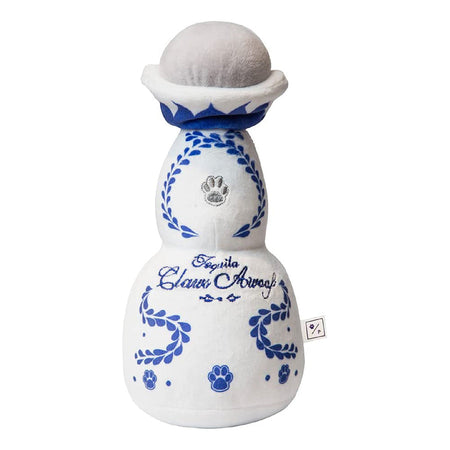 White plush toy with blue patterns and branding on a white background