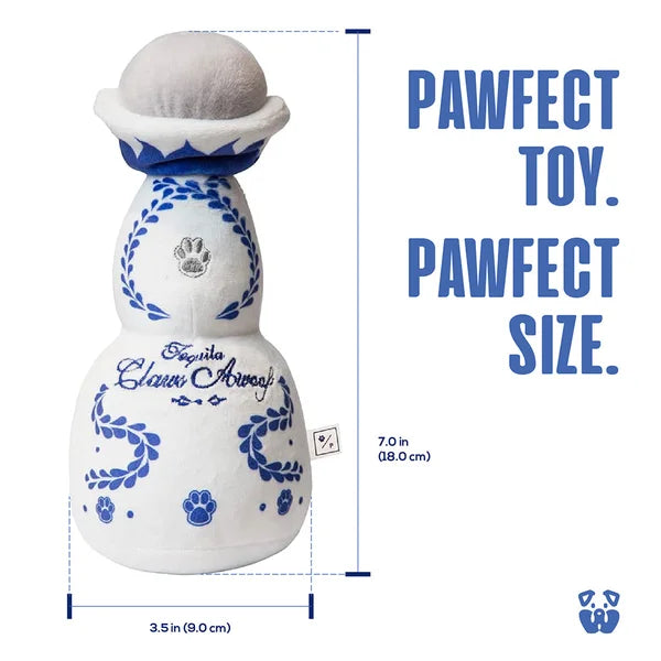 White dog toy with blue patterns and measurements on a white background