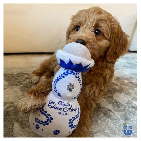Dog holding a plush toy with blue and white design on a carpeted floor.
