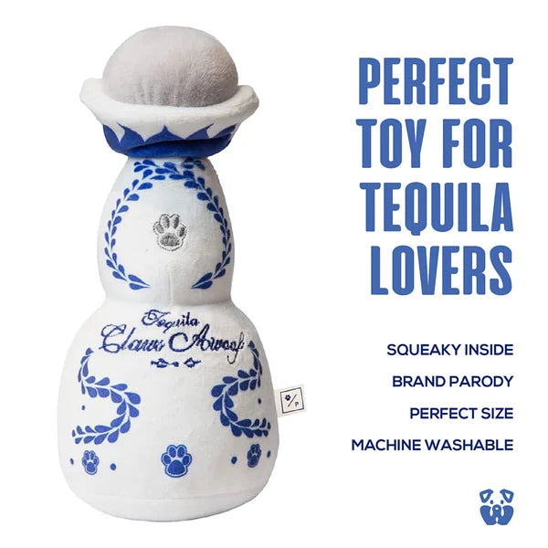 White and blue toy resembling a tequila bottle with text about it being a perfect toy for tequila lovers.