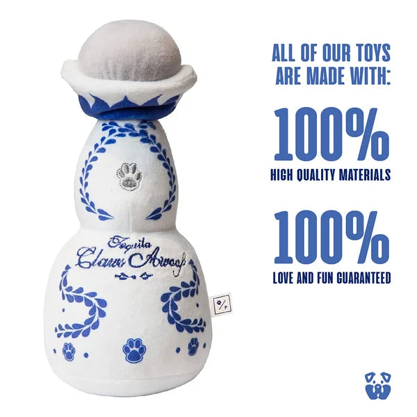 White plush toy with blue patterns and branding, featuring text about material quality and care.