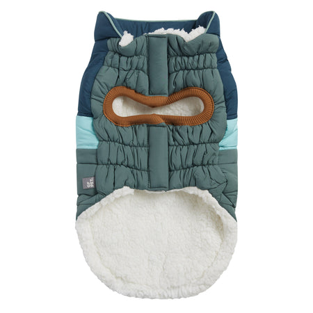 Pet coat  in teal, blue, and white colors on a white background